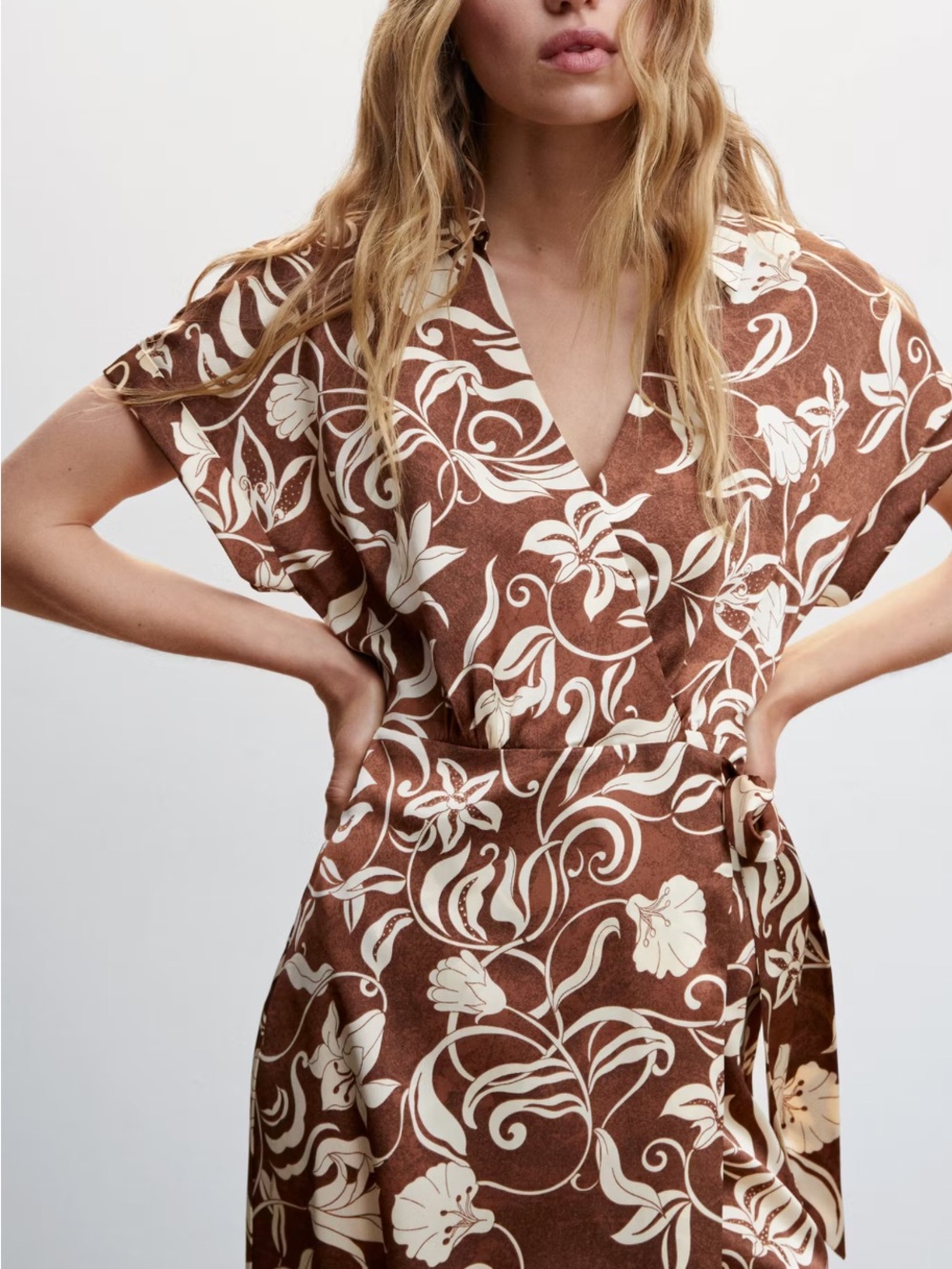 Mango Brown and Ivory Floral Cross over design dress.